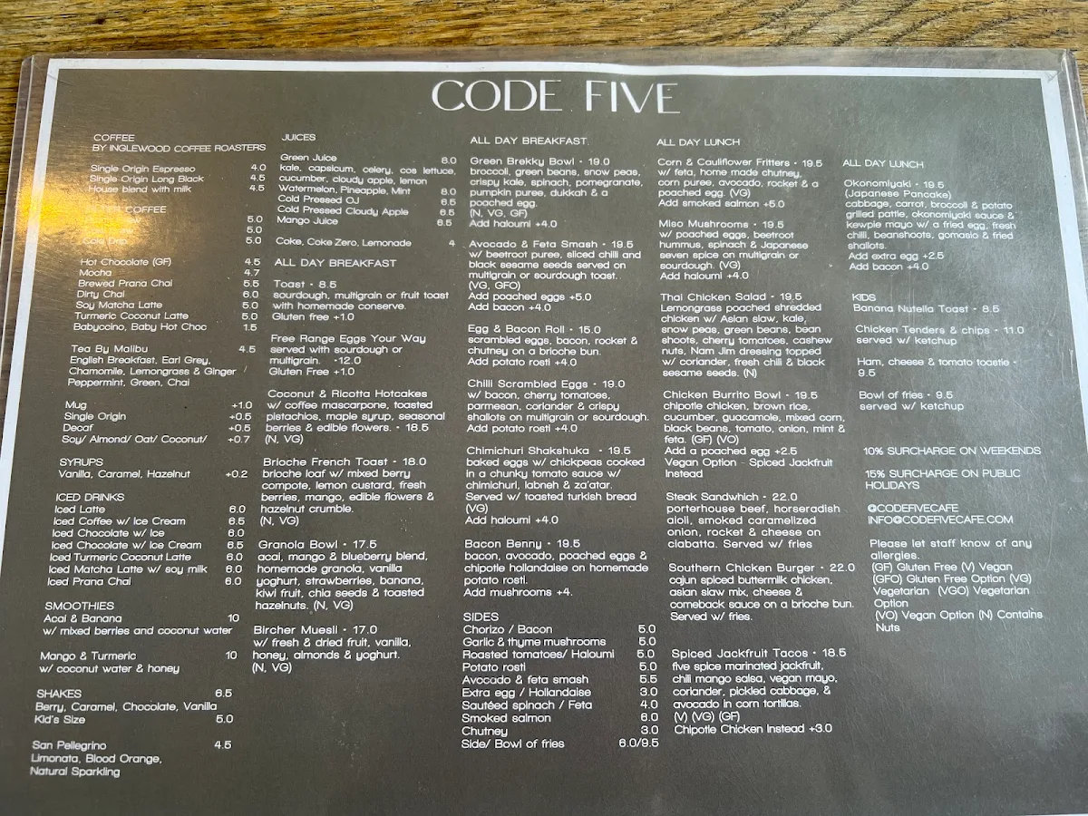 Menu, Code Five