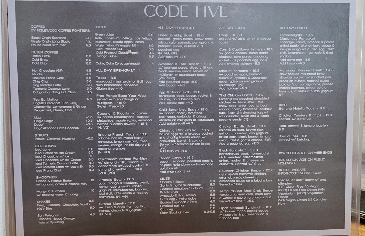 Menu, Code Five