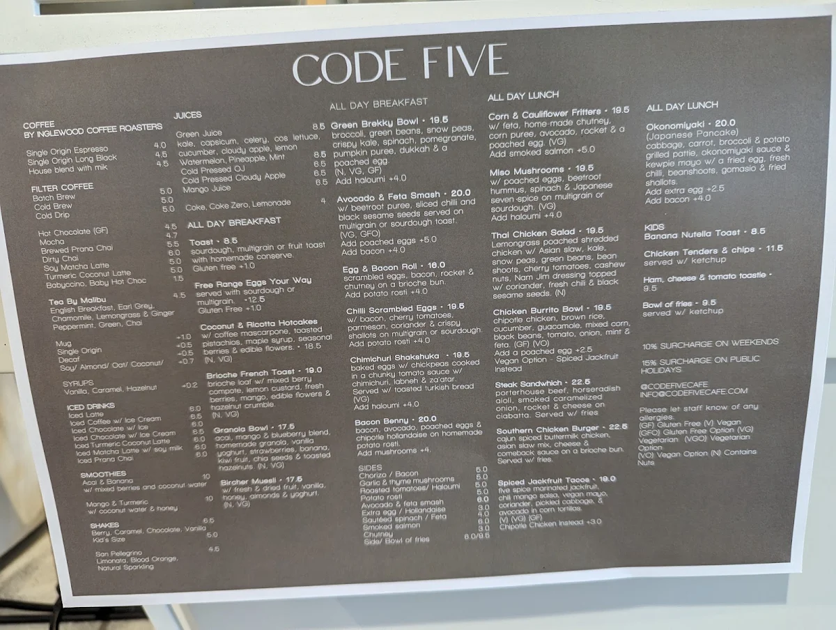 Menu, Code Five