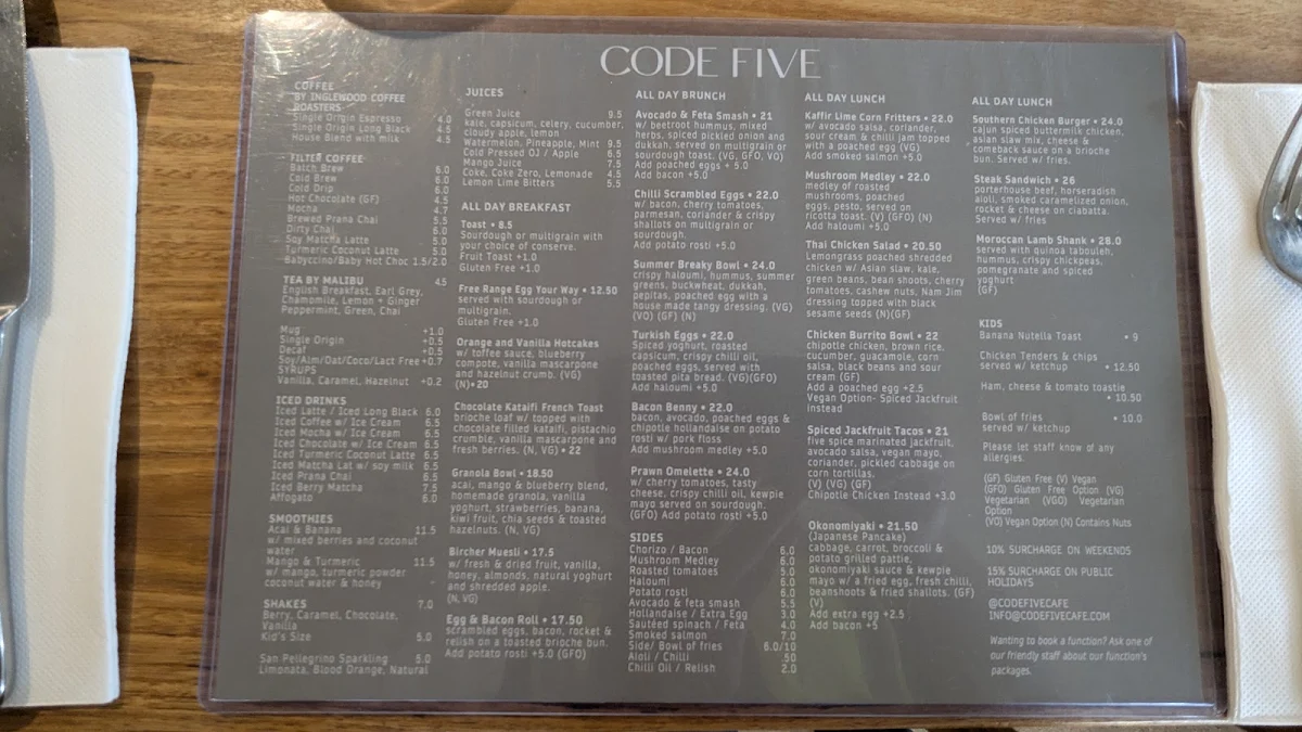 Menu, Code Five
