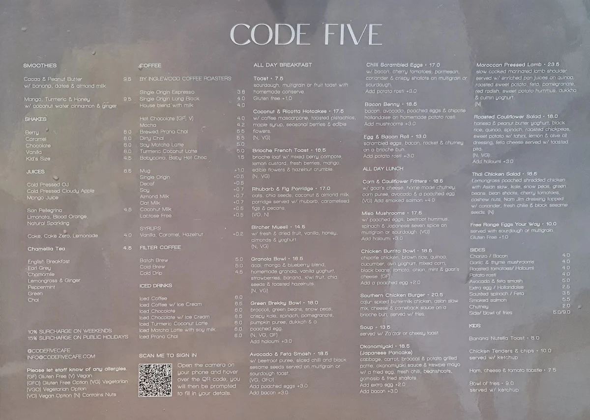 Menu, Code Five