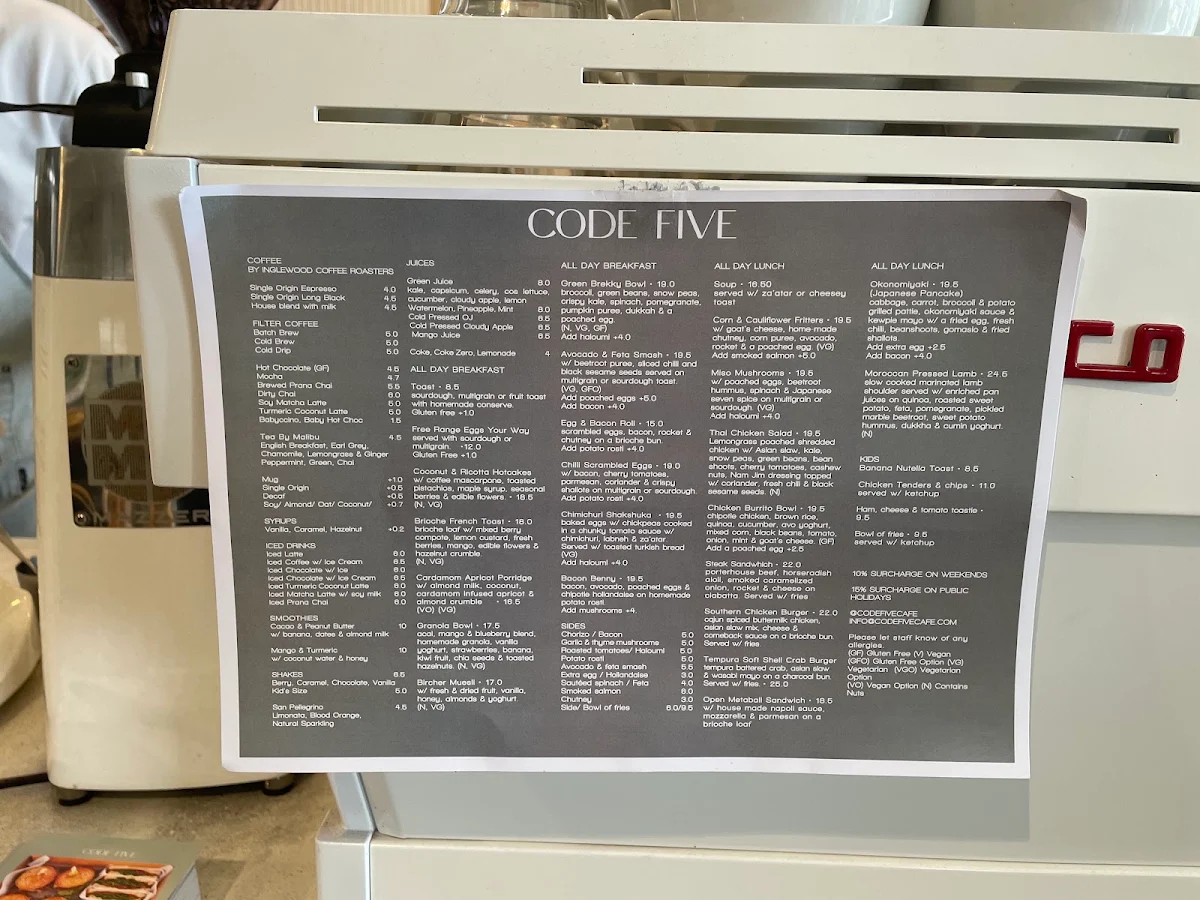 Menu, Code Five