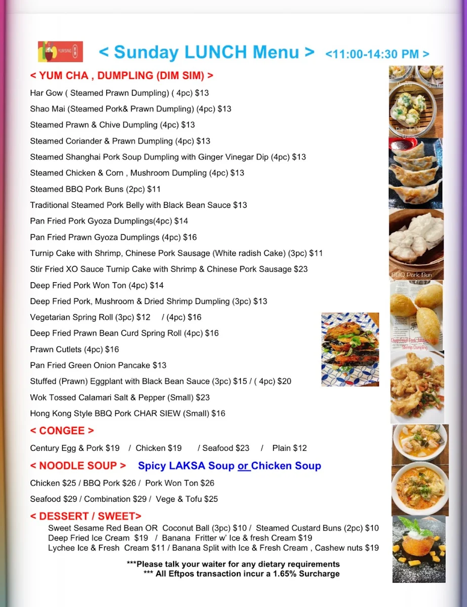 Menu, Yum Sing Cairns Restaurant