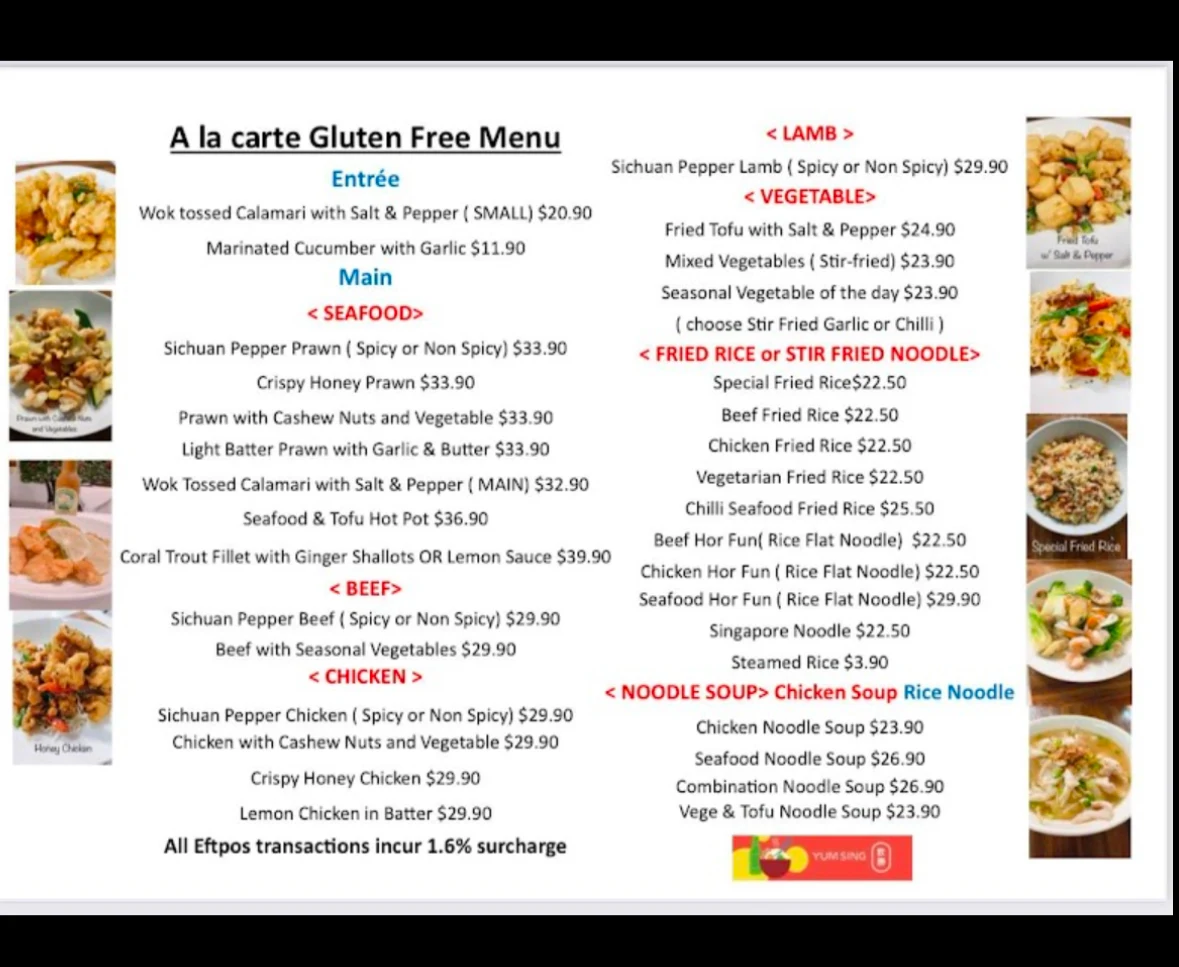 Menu, Yum Sing Cairns Restaurant