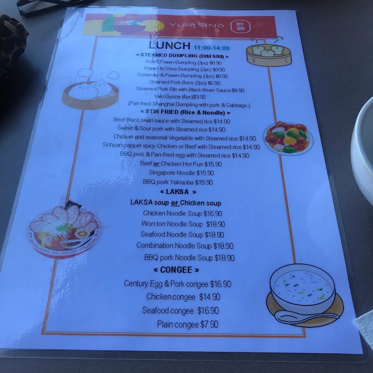 Menu, Yum Sing Cairns Restaurant