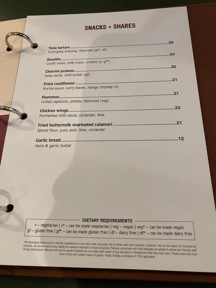 Menu, The Montague Hotel