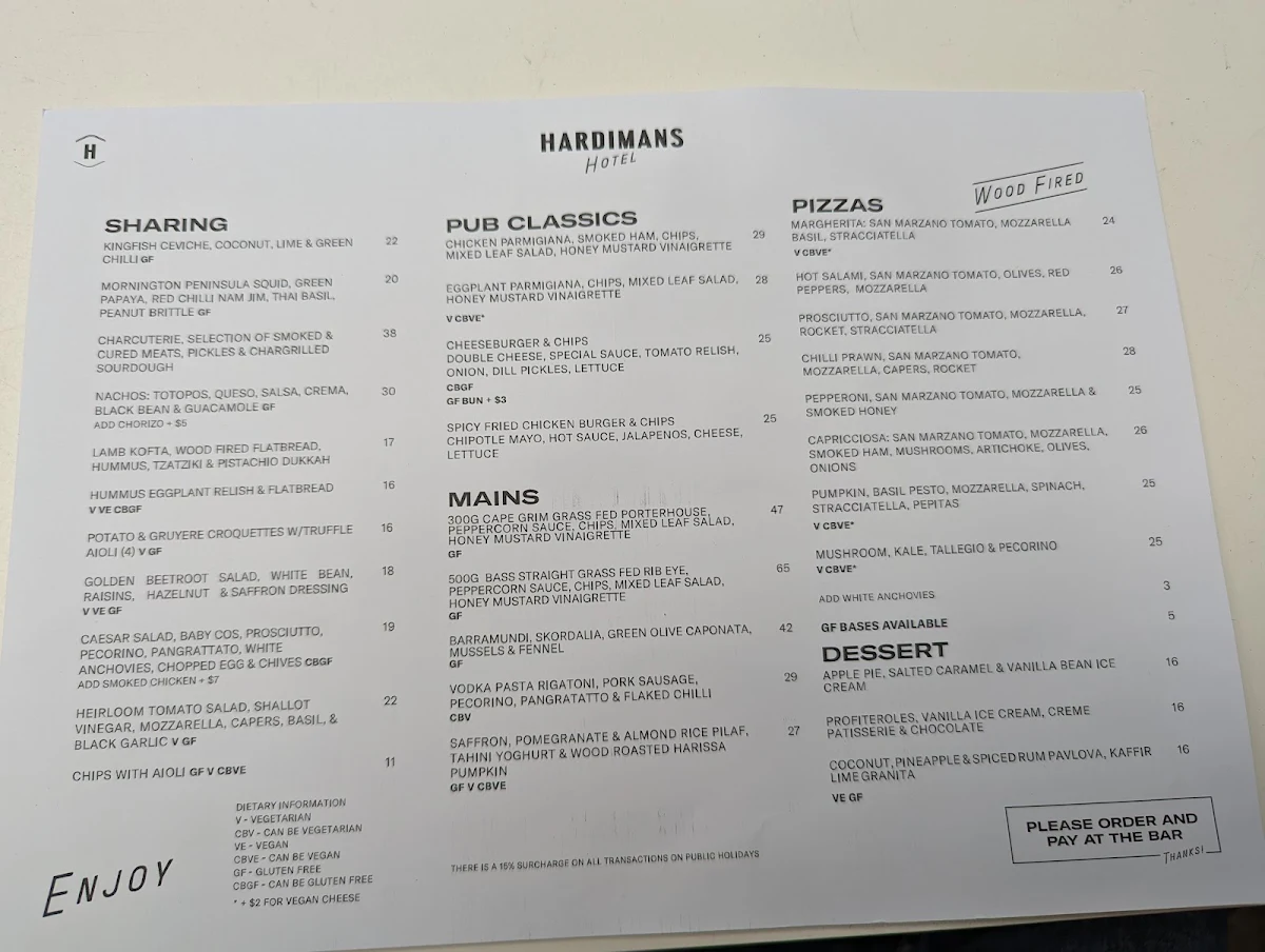 Menu, Hardimans Hotel