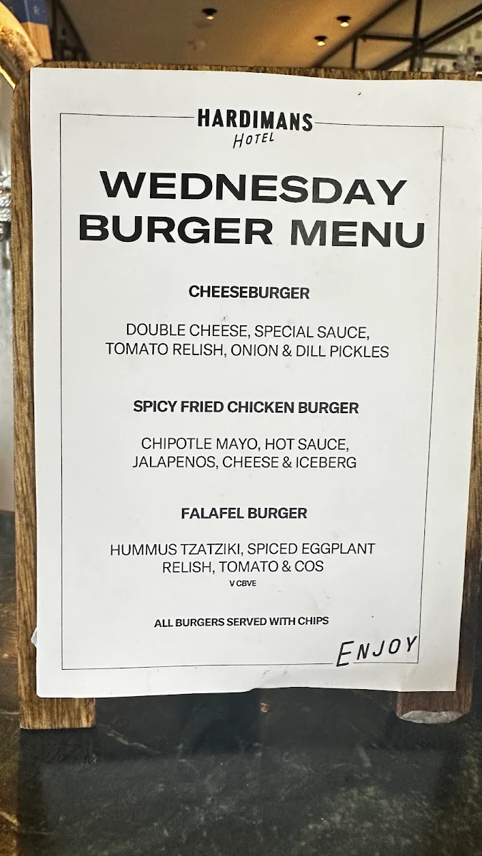 Menu, Hardimans Hotel