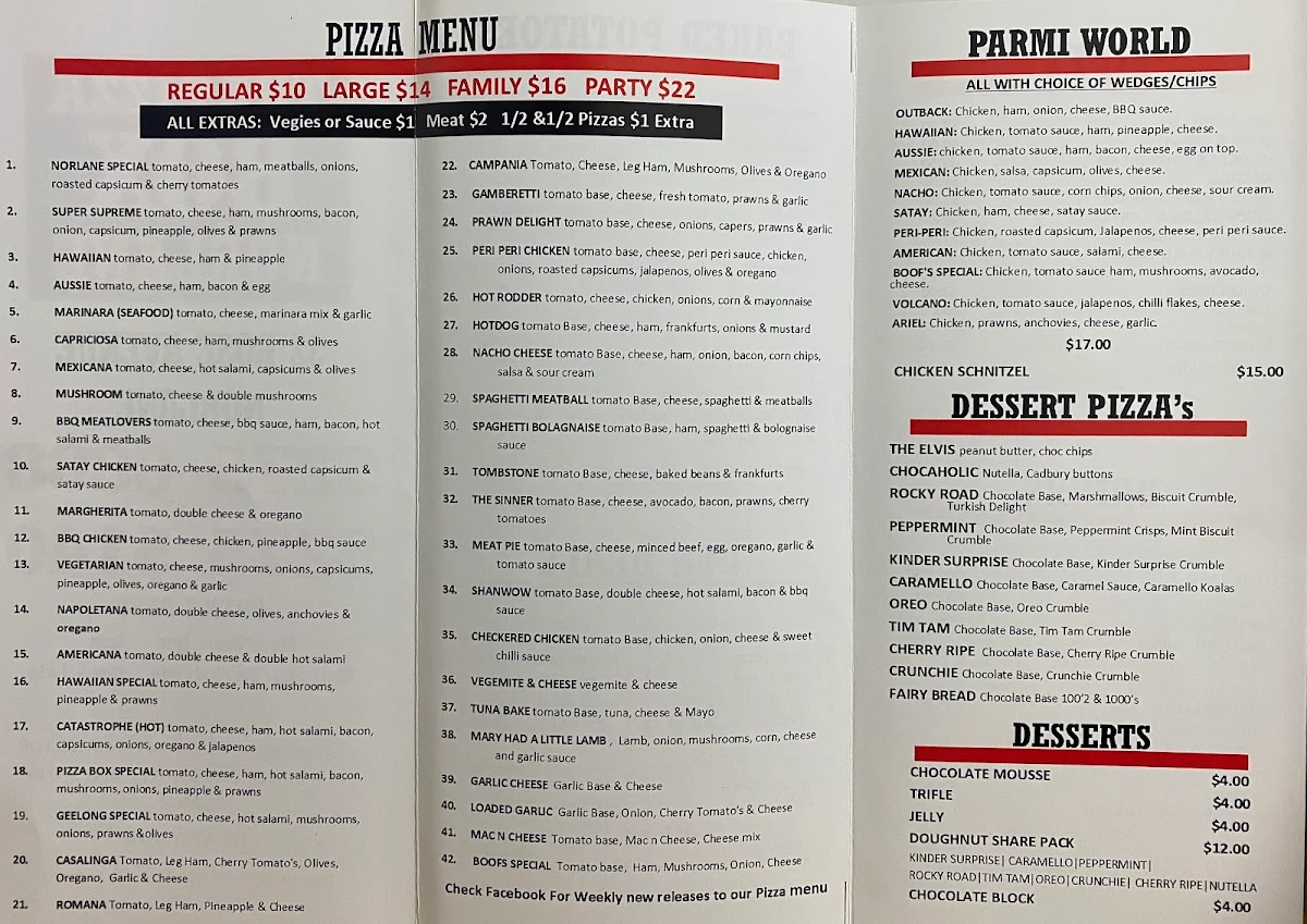 Menu, The Pizza Box norlane