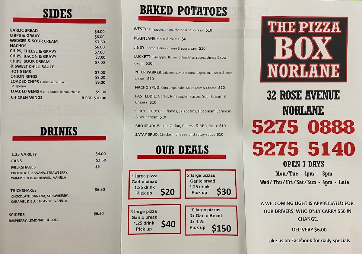 Menu, The Pizza Box norlane