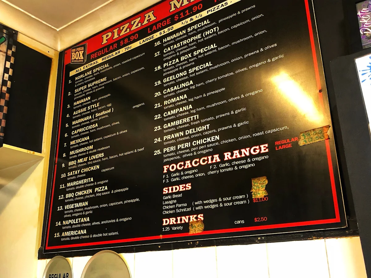 Menu, The Pizza Box norlane