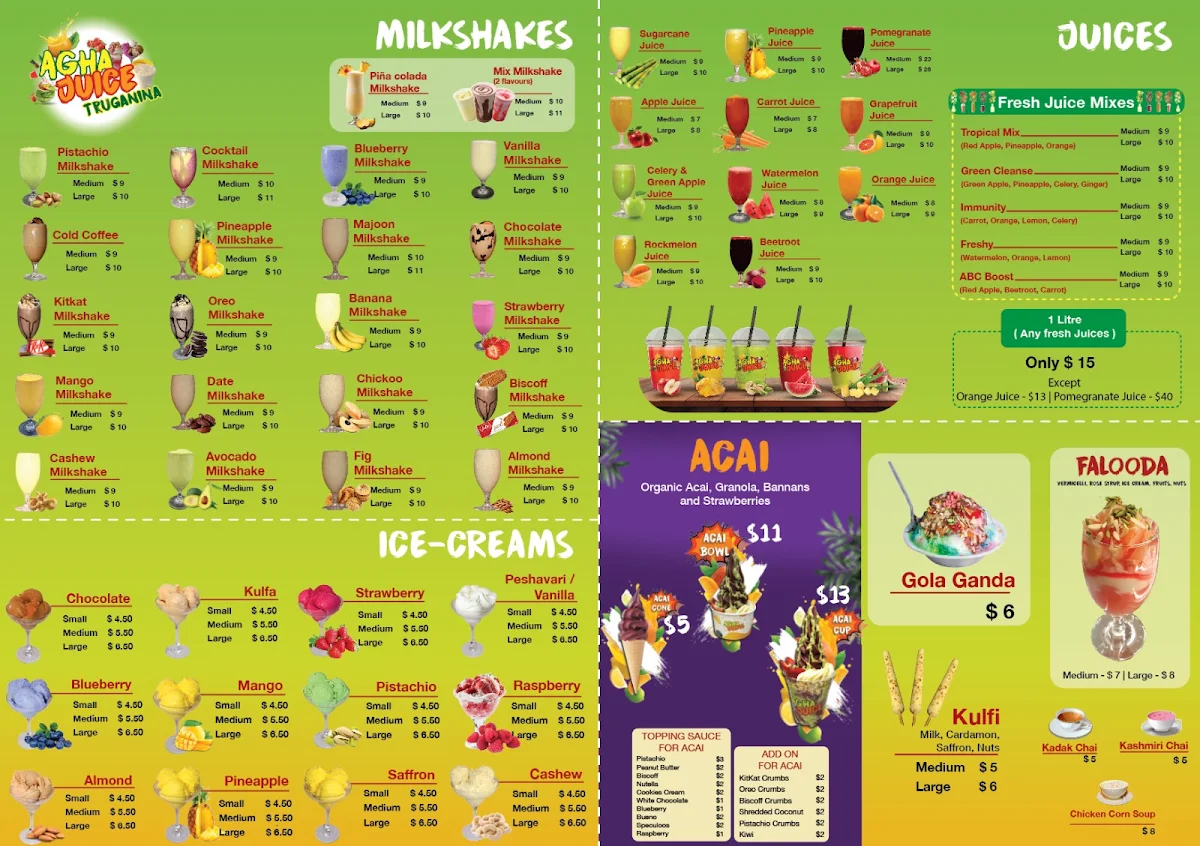 Menu, Agha Juice Truganina