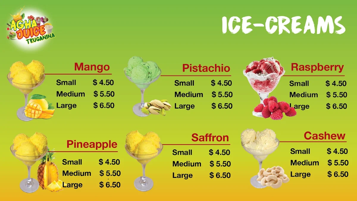 Menu, Agha Juice Truganina