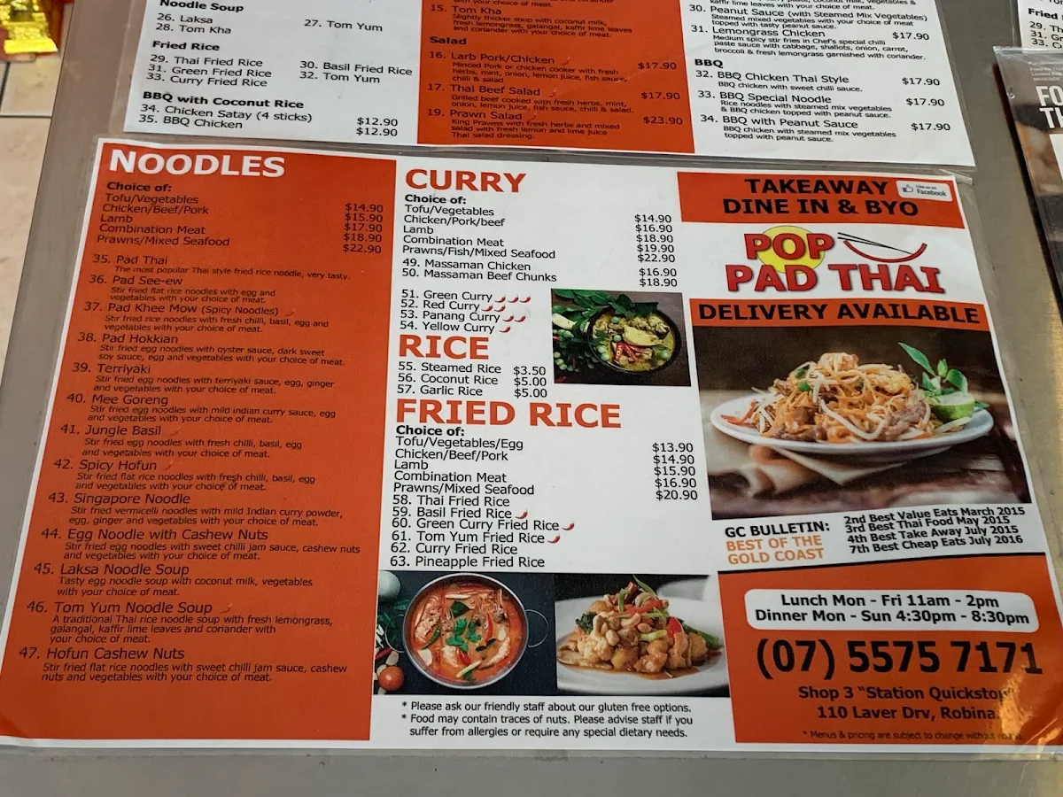 Menu, POP Padthai (Robina)