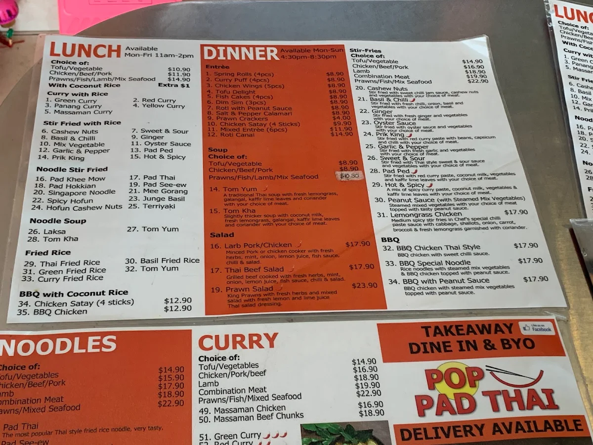 Menu, POP Padthai (Robina)