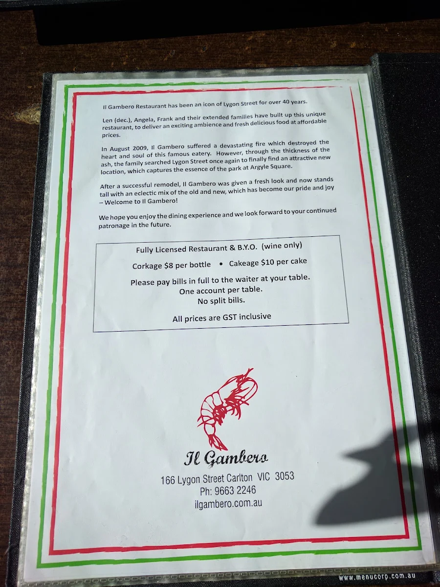 Menu, Il Gambero - Italian Restaurant in Carlton