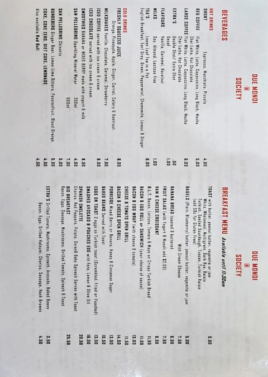 Menu, Due Mondi @ Society