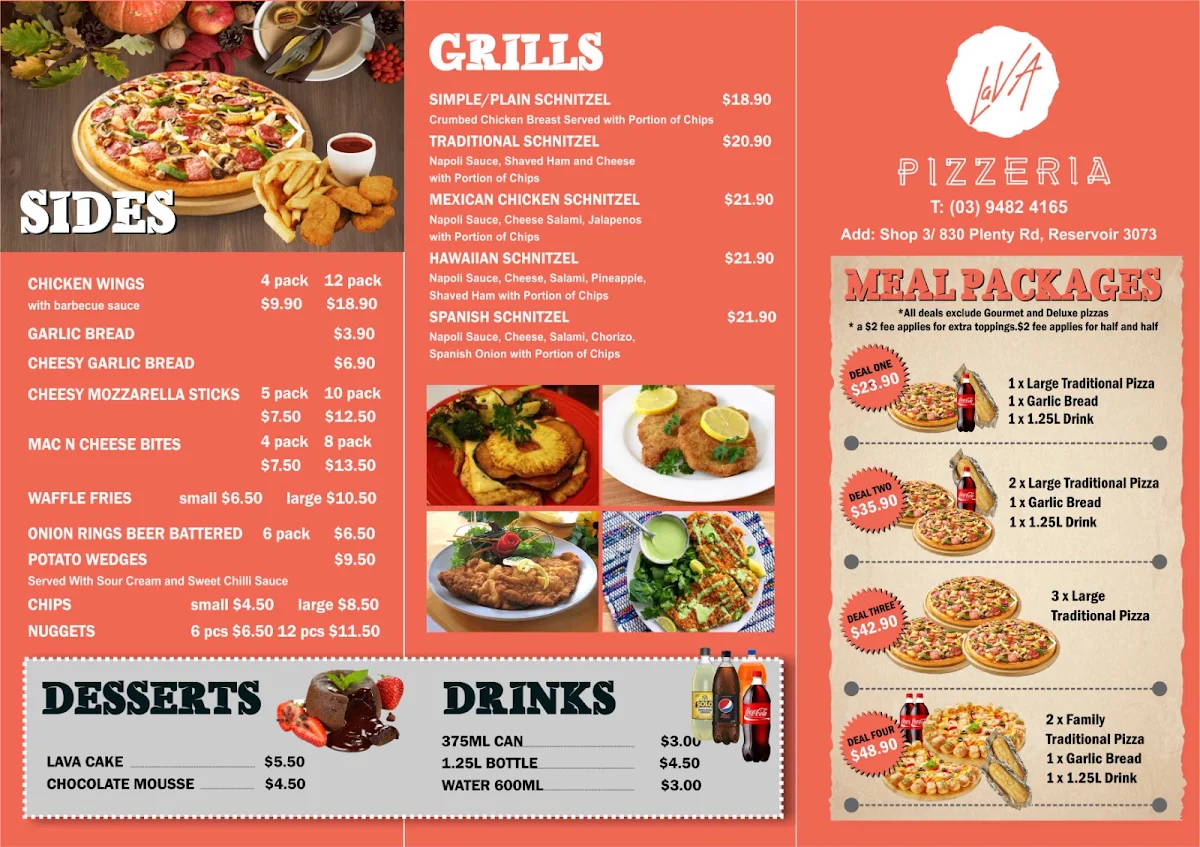 Menu, Lava Pizzeria