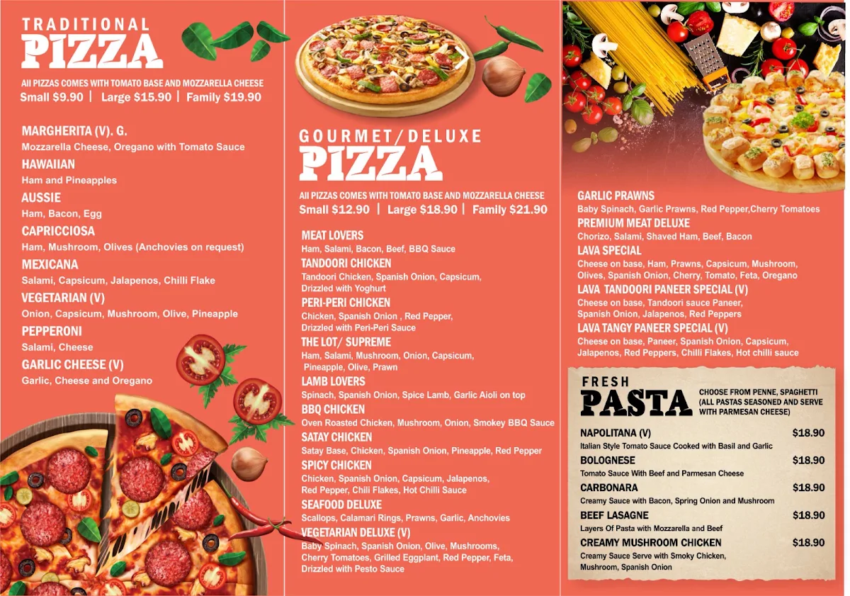 Menu, Lava Pizzeria