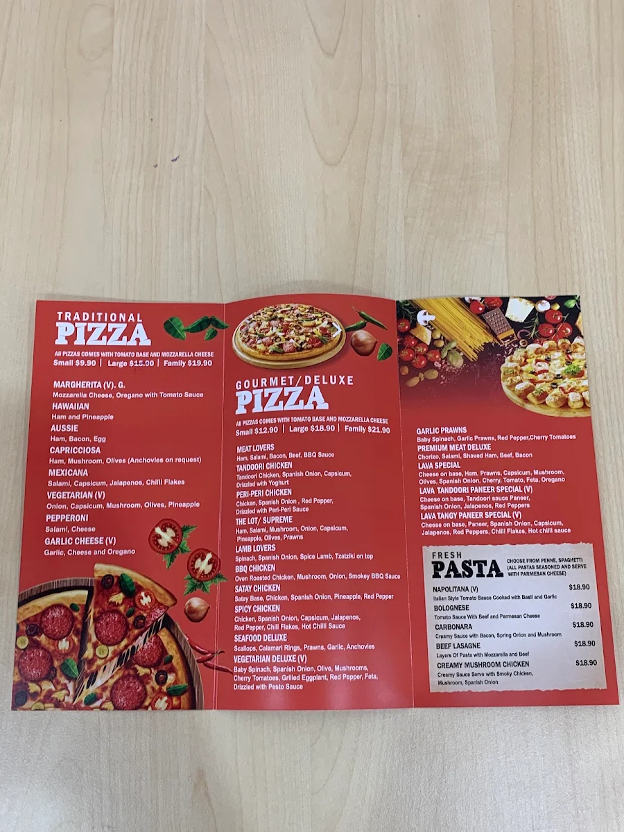 Menu, Lava Pizzeria