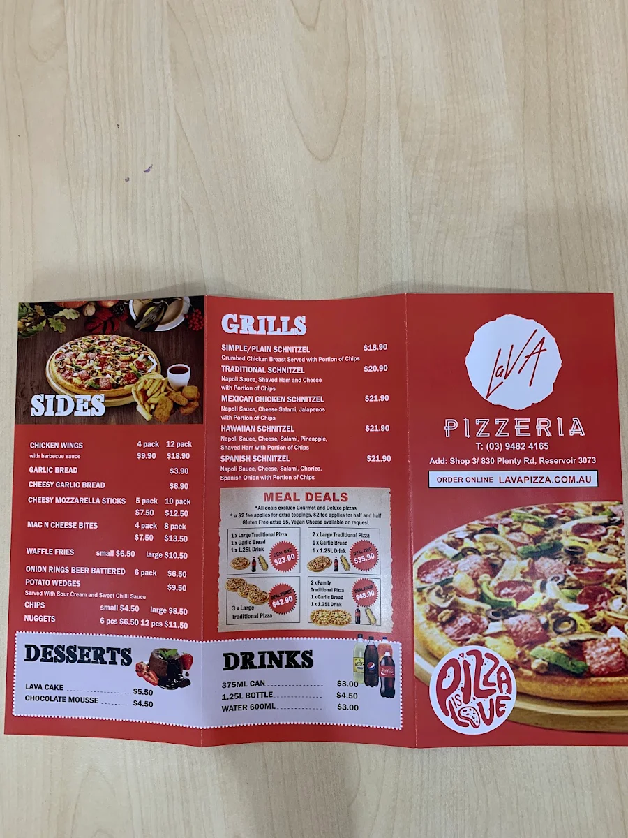 Menu, Lava Pizzeria