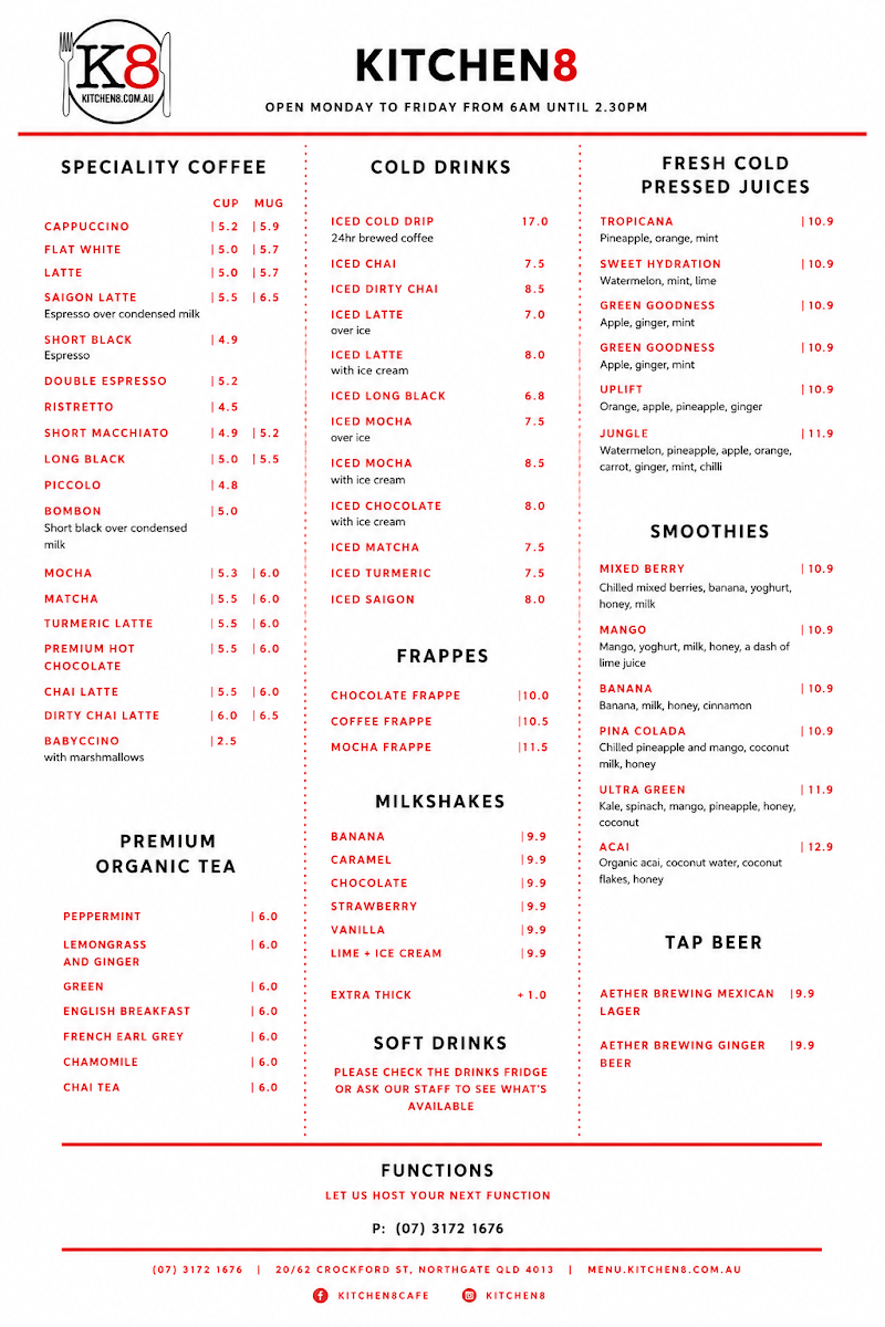 Menu, Kitchen8 Cafe
