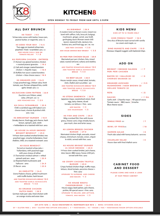 Menu, Kitchen8 Cafe