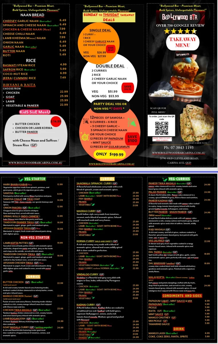 Menu, Bollywood Bar - Indian Restaurant