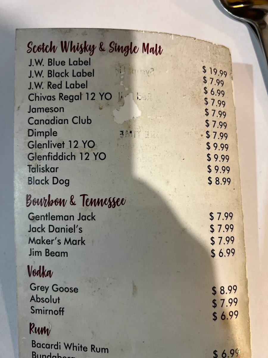 Menu, Bollywood Bar - Indian Restaurant