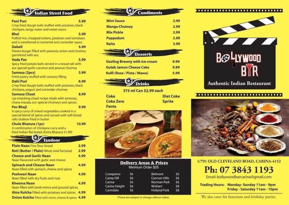 Menu, Bollywood Bar - Indian Restaurant