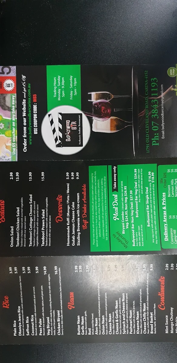 Menu, Bollywood Bar - Indian Restaurant