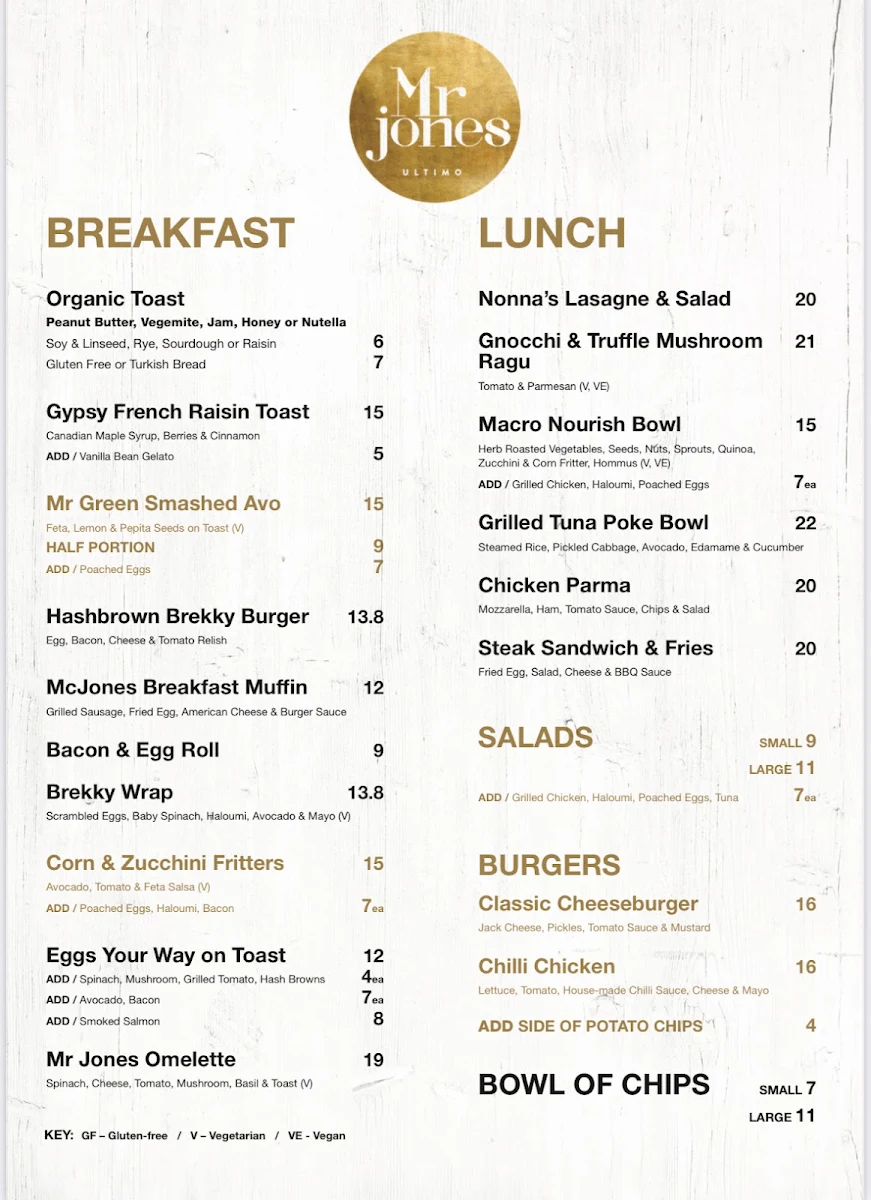 Menu, Mr Jones Cafe