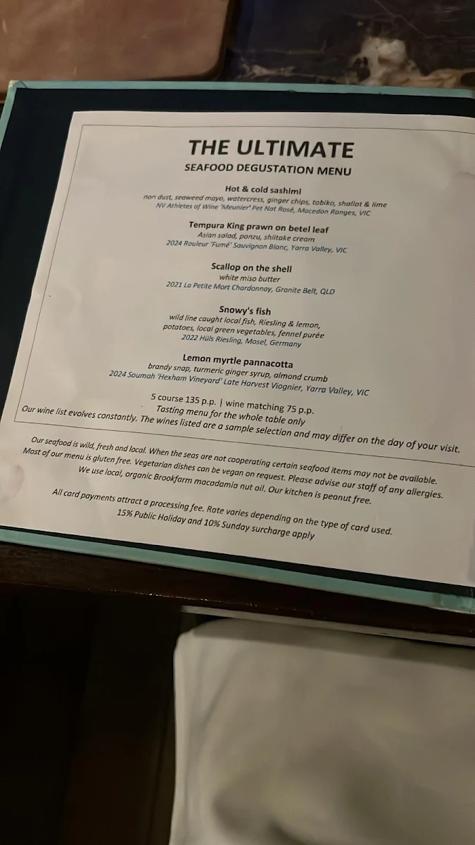 Menu, Fins Restaurant and Bar