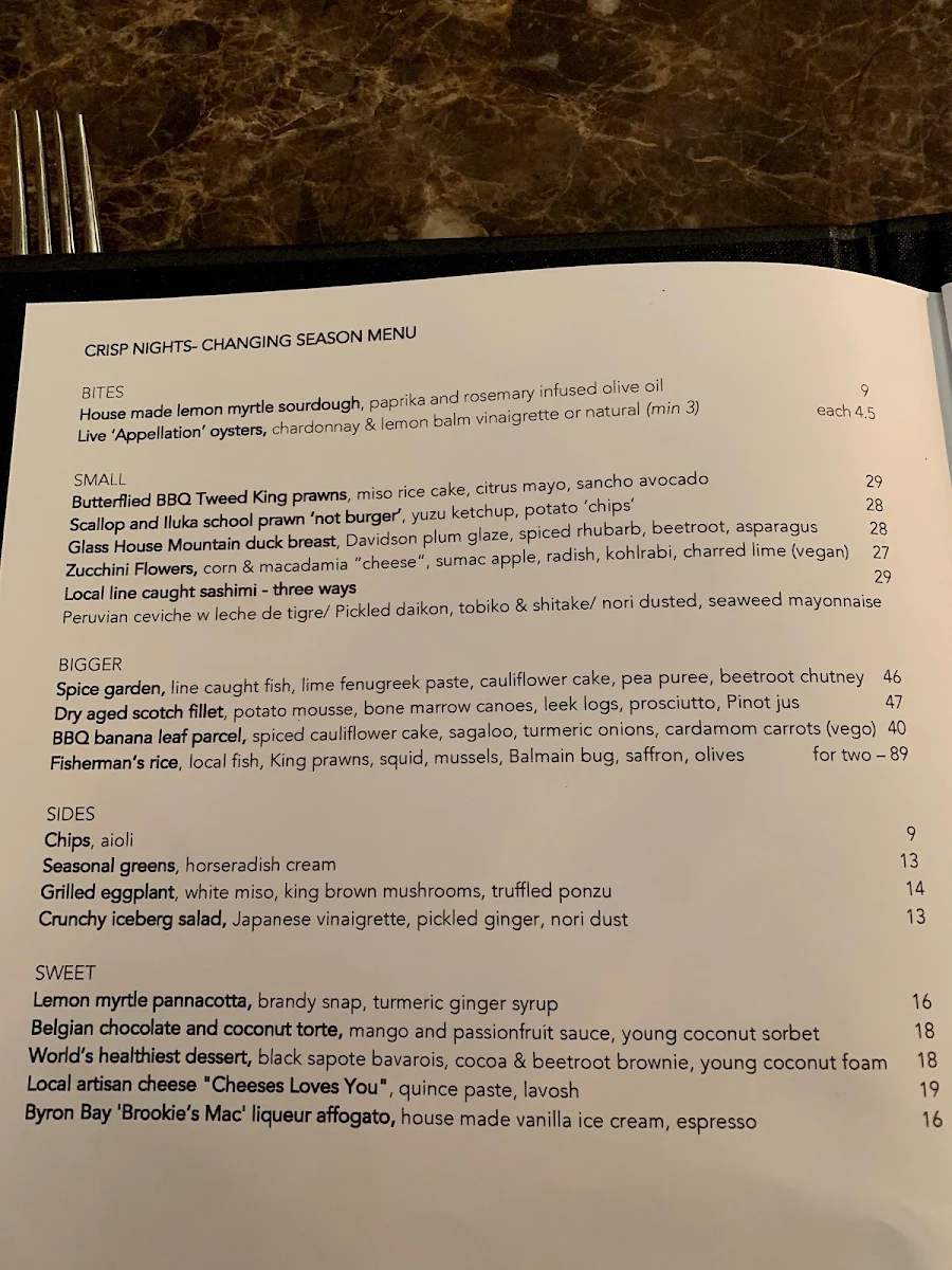 Menu, Fins Restaurant and Bar