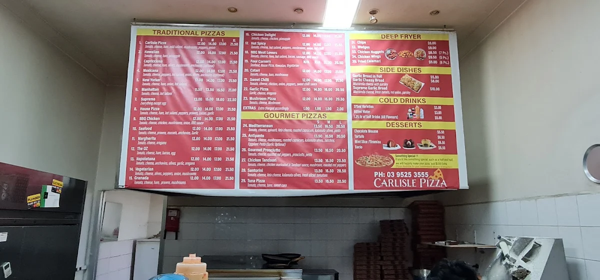 Menu, Carlisle Pizza