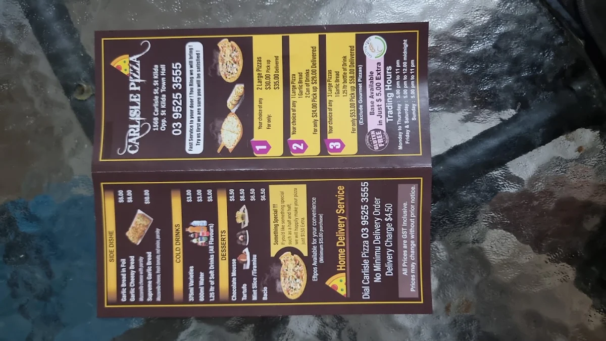 Menu, Carlisle Pizza
