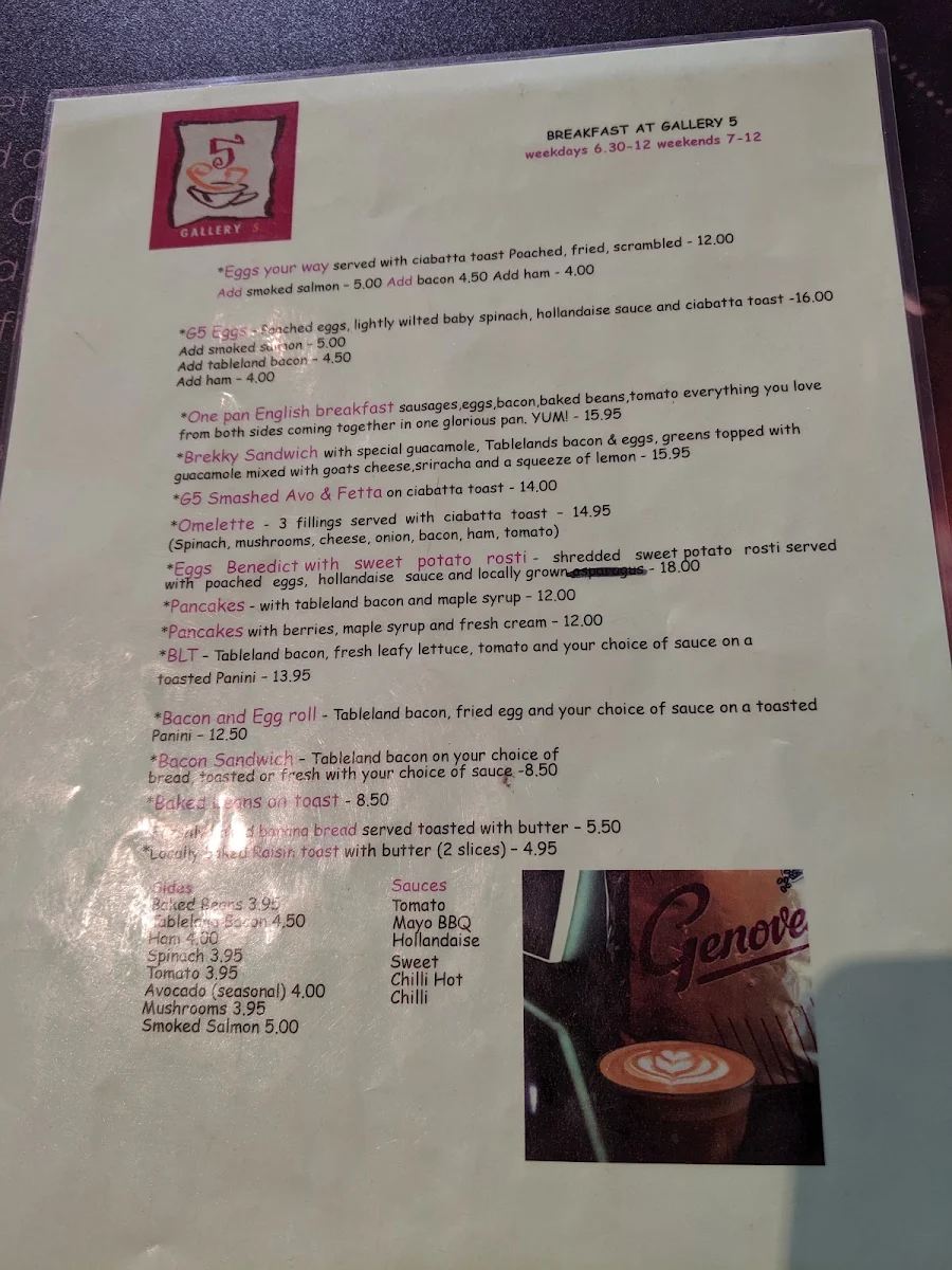 Menu, Gallery 5 Cafe