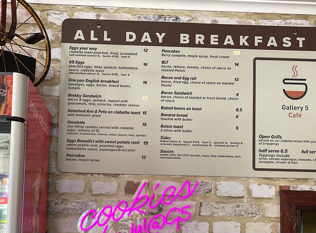 Menu, Gallery 5 Cafe