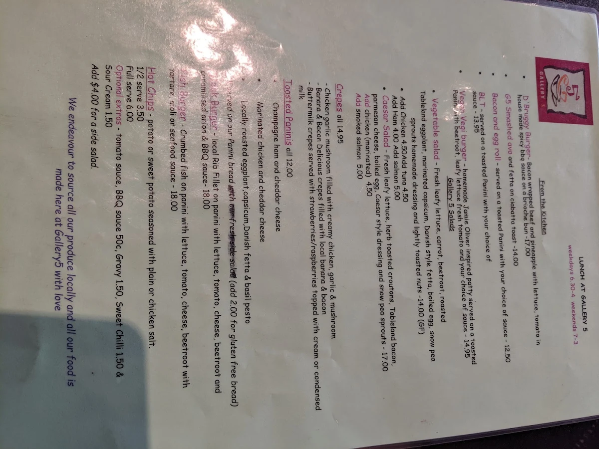 Menu, Gallery 5 Cafe