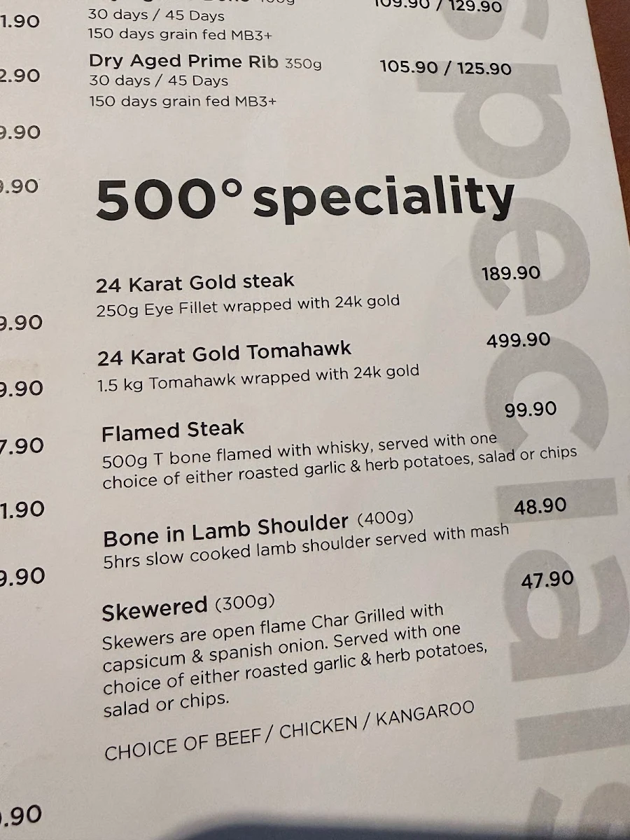 Menu, 500 Degrees Restaurant Parramatta