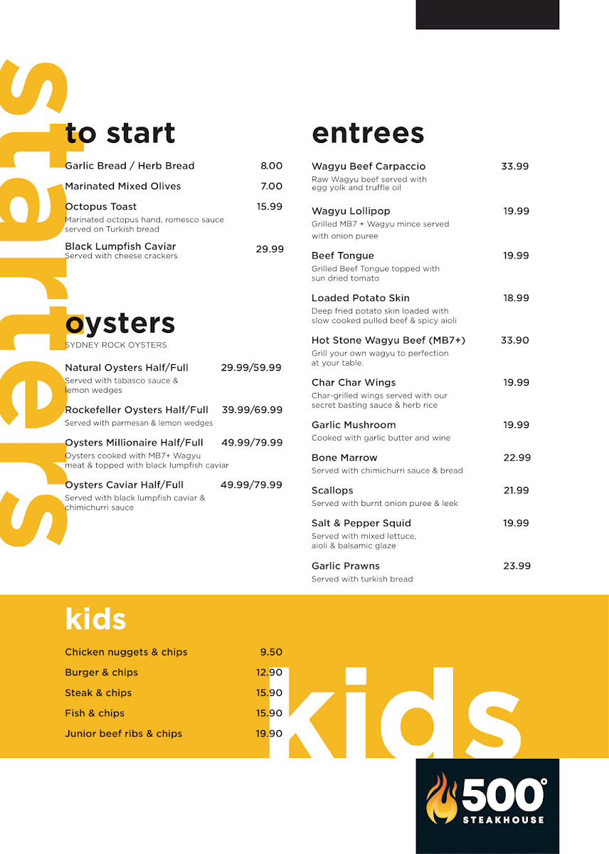 Menu, 500 Degrees Restaurant Parramatta