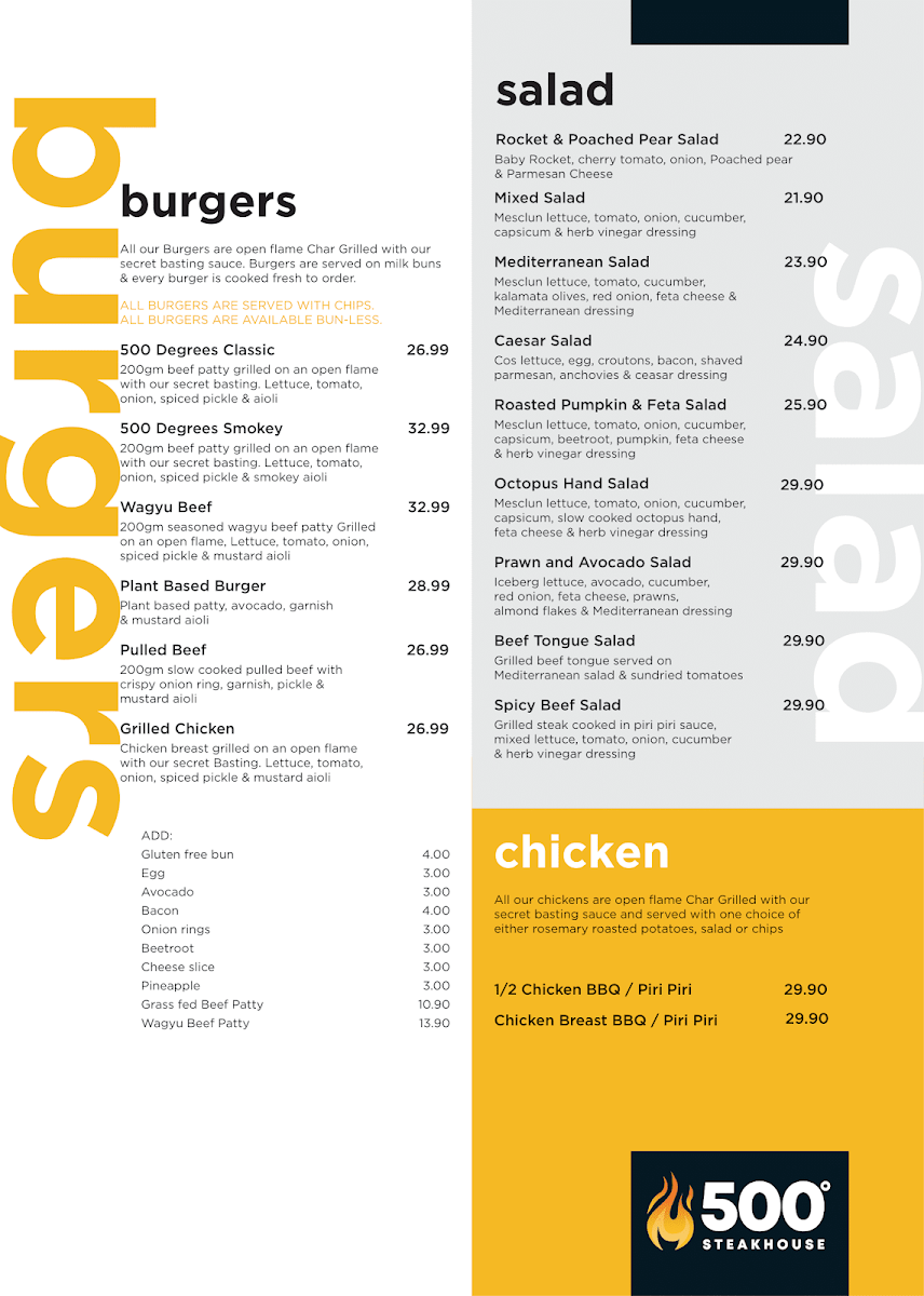 Menu, 500 Degrees Restaurant Parramatta