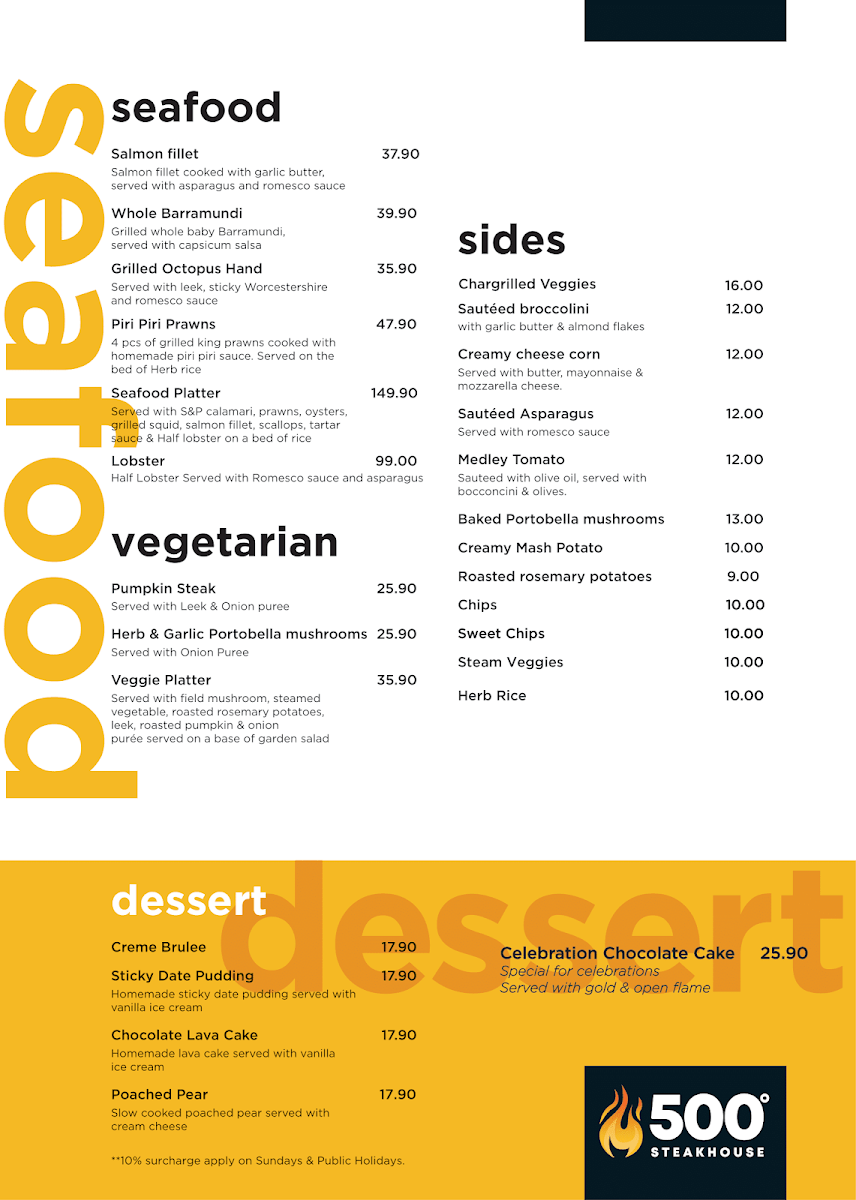 Menu, 500 Degrees Restaurant Parramatta