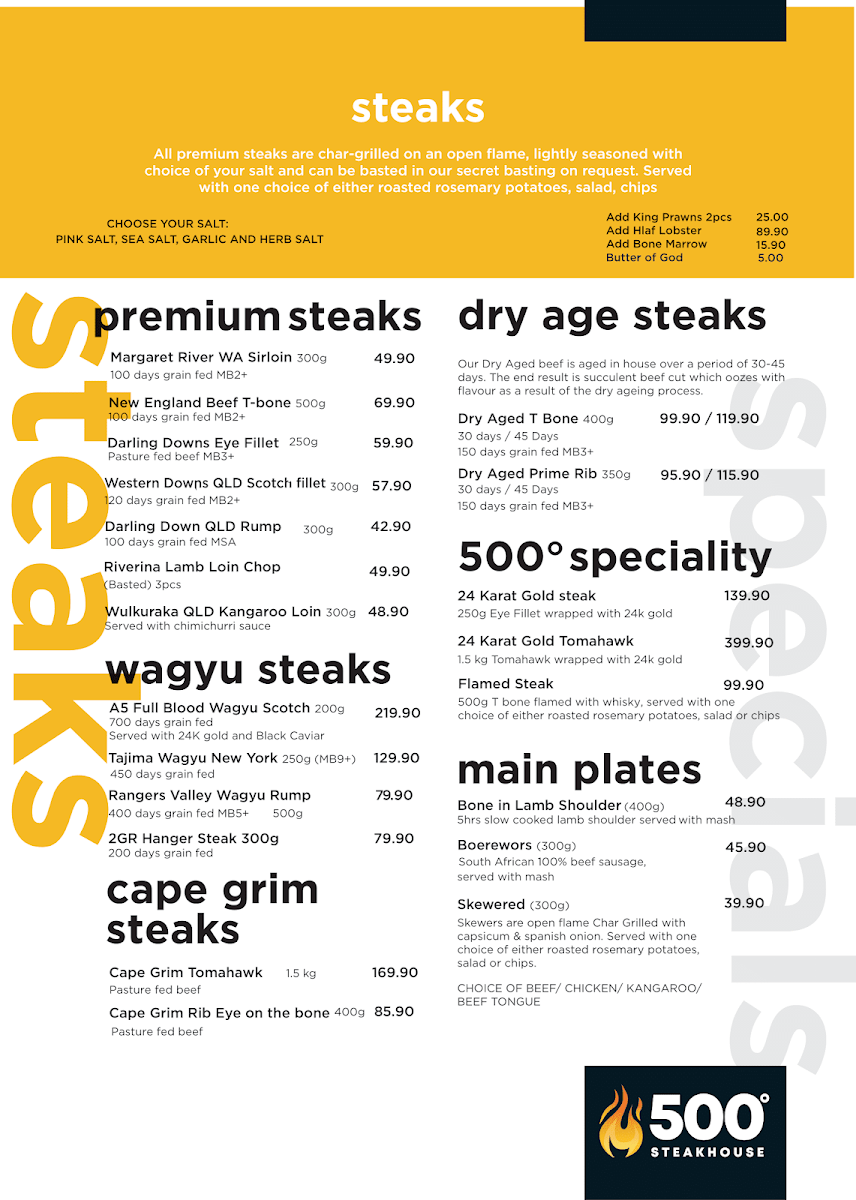 Menu, 500 Degrees Restaurant Parramatta
