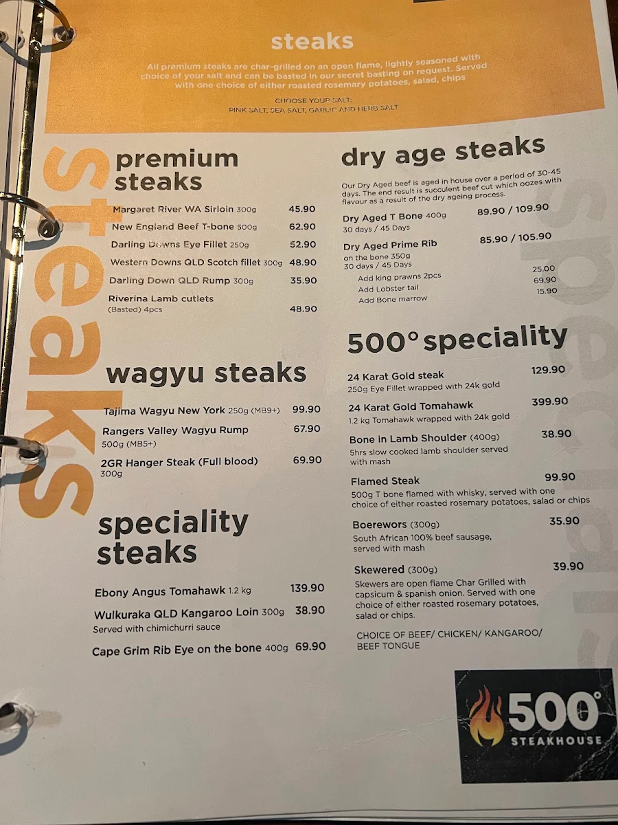 Menu, 500 Degrees Restaurant Parramatta