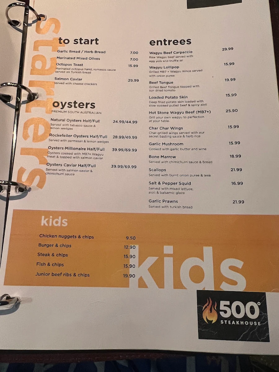 Menu, 500 Degrees Restaurant Parramatta