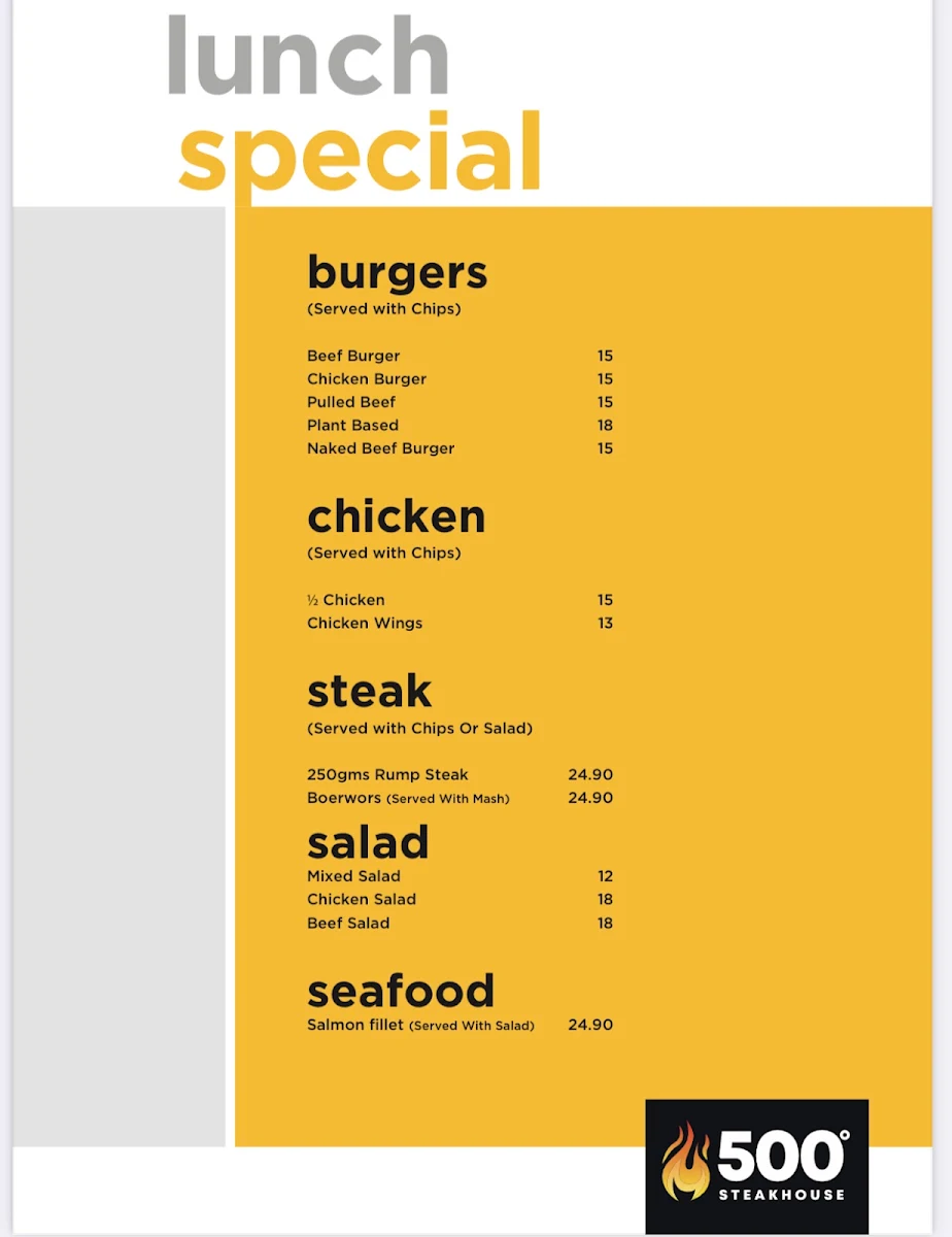 Menu, 500 Degrees Restaurant Parramatta