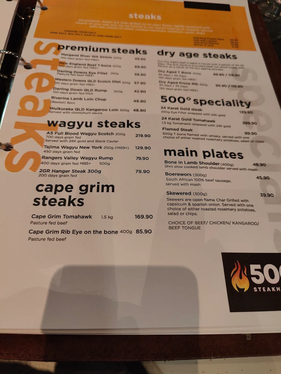 Menu, 500 Degrees Restaurant Parramatta