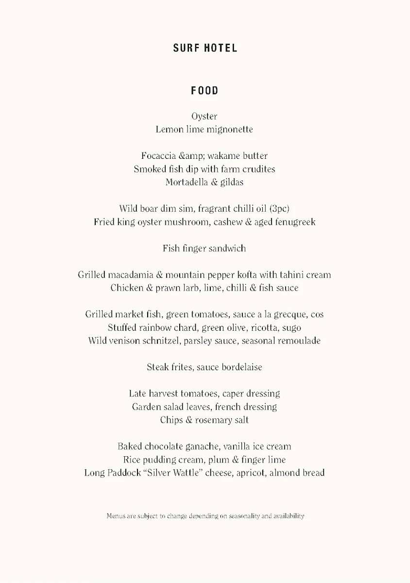 Menu, SURF HOTEL