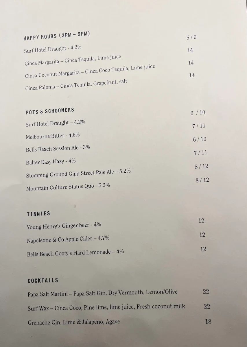 Menu, SURF HOTEL